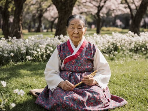 전통 한복을 입고 꽃과 잔디가 펼쳐진 공원에서 나무 그늘 아래에 앉아 있는 80대 동양인 여성의 반신 사진. 그녀는 전통 공예 도구를 들고 있으며, 피곤한 표정을 지으며 삶의 무게를 느끼고 있는 모습이 주변의 화사한 꽃들과 조화를 이루고 있습니다.