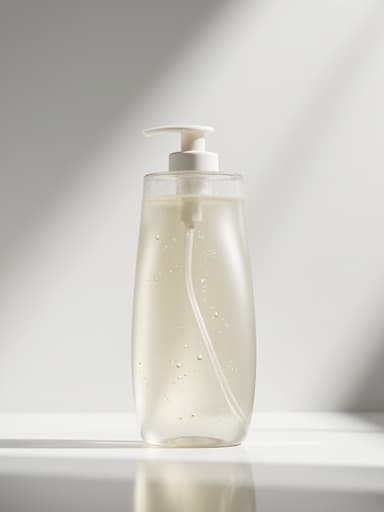 바디 워시, 병, 액체, 고요하고 깨끗하며 신선한, 미니멀한 욕실과 흰색 조리대가 조화를 이루며 평화롭고 상쾌한 분위기를 연출합니다.