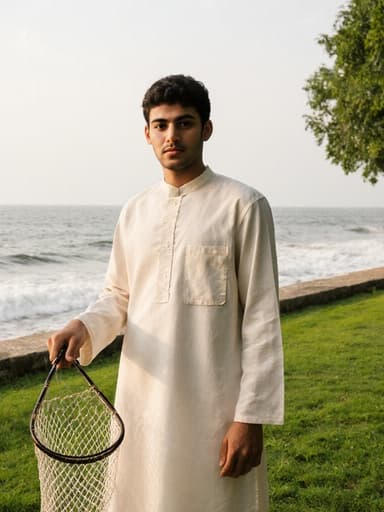 이 이미지는 10대 후반의 중동계 남성이 전통 어업복을 입고 어망을 들고 있는 모습입니다. 배경은 바다를 연상시키는 평화로운 공원으로, 이미지의 주제를 더욱 돋보이게 합니다.