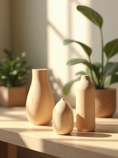 스칸디나비아 스타일 홈 설정에서 자연 목재 질감과 실내 식물과 함께 있는 무드등, 따뜻하고 초대하는 분위기를 연출하고 있습니다.