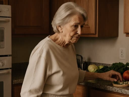 60대의 여성의 반신 촬영으로, 편안한 집안복을 입고 약간 걱정스러운 표정으로 따뜻한 색조의 주방에서 신선한 재료를 준비하고 있습니다.