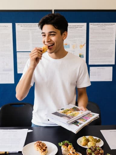 10대 초반의 라틴계 남성이 반신 촬영으로 포착되어 밝은 미소를 지으며 학술회의 테이블에 놓인 음식 샘플과 연구 자료를 다루고 있습니다. 캐주얼한 복장과 긍정적인 표정이 과학적 발견의 흥미로움을 강조하며 매력적인 분위기를 만들어냅니다.