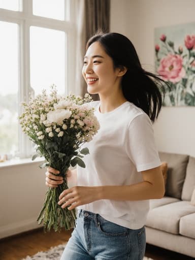 편안한 화이트 티셔츠와 청바지를 입고 아름다운 꽃다발을 들고 즐겁게 달려가는 10대 후반의 동양인 여성의 전신 사진입니다. 배경은 꽃 그림이 장식된 세련된 거실로, 자연광이 들어와 생기 넘치고 초대하는 분위기를 만들어냅니다.