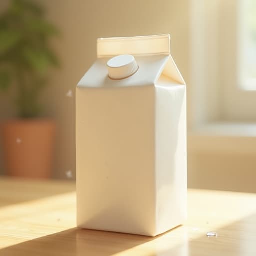 우유 팩, 밝은 나무 테이블, 따뜻한 오후 햇살