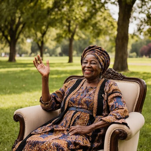 전통적인 아프리카 의상을 입고 소파에 앉아 있는 80세의 흑인 여성의 반신 사진. 배경은 푸른 잔디와 나무가 있는 공원으로, 그녀는 여유로운 표정과 편안한 자세로 자연의 아름다움 속에 평온함을 담고 있습니다.