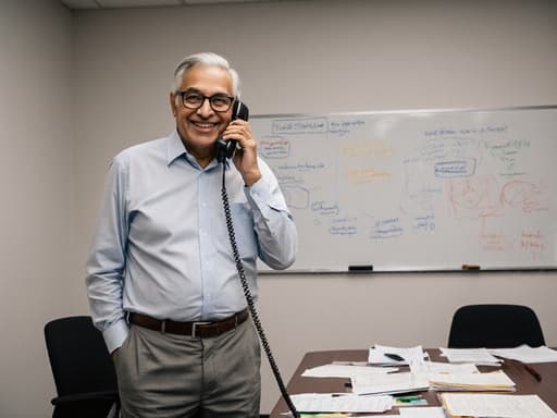 편안한 셔츠와 정장 바지를 입고 안경을 쓴 60대 중동계 남성이 전화기를 귀에 대고 밝게 웃으며 대화하는 모습이 학술회의실의 연구 자료와 발표 자료가 놓인 배경 속에서 포착되었습니다.