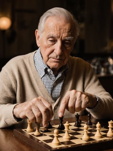 아늑한 카페에서 체스판을 바라보며 깊은 생각에 잠긴 80대 유럽계 남성이 체크무늬 셔츠와 베이지색 카디건을 입고 반신 촬영된 모습입니다. 그는 체스 말을 가리키며 지혜로운 표정을 짓고 있으며, 따뜻한 조명이 주위를 비추어 아늑한 분위기를 만들어냅니다.