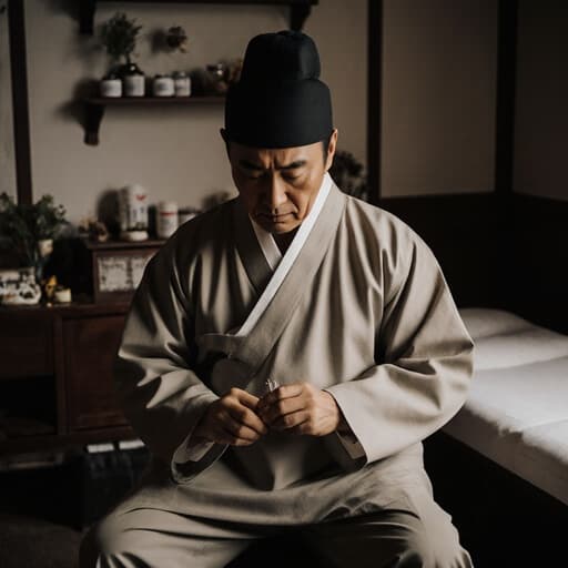 40대 동양인 남성이 차분한 색상의 전통 한복을 입고, 한약재로 가득 찬 아늑한 한의원에서 침을 조심스럽게 준비하며 깊은 고민에 잠긴 표정을 짓고 있는 모습이 담겨 있습니다. 전체적으로 사색적이고 평화로운 분위기를 자아냅니다.