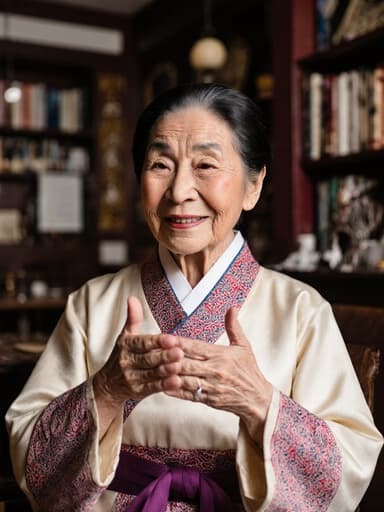 전통 한복을 입은 노년 여성의 전신 샷으로, 아늑한 카페에서 따뜻한 미소를 지으며 이야기를 나누기 위해 손짓하는 모습이 담겨 있습니다. 전통 장식과 책들이 진열된 카페 배경이 매력적인 분위기를 만들어냅니다.