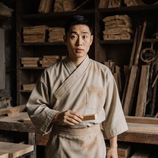 놀란 표정을 가진 30대 동양인 남성이 전통 작업복을 입고 목공 작업실에서 나무를 들고 있습니다. 그의 표정은 놀라움을 나타내며, 한쪽 발은 살짝 앞으로 나와 있어 행동을 준비하고 있는 모습입니다.
