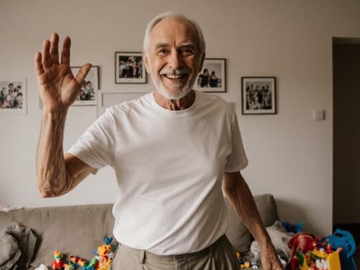 70대 유럽계 남성이 편안한 복장을 하고 손을 흔들며 즐겁게 춤추고 있는 반신샷. 아늑한 거실에는 가족 사진과 장난감이 놓여 있어 따뜻하고 초대하는 분위기를 만들어냅니다.