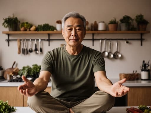 50대 아시아계 남성이 편안한 티셔츠와 바지를 입고, 아늑한 주방에서 요가 자세를 취하며 여유로운 표정을 짓고 있는 반신 사진. 주방은 조리 도구와 신선한 재료로 정돈되어 있어 따뜻한 분위기를 만들어낸다.