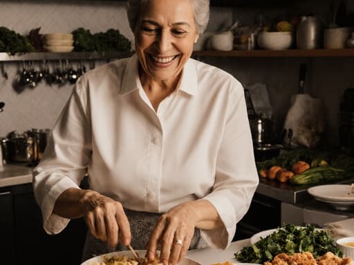 50대의 중동계 여성이 편안한 블라우스와 바지를 입고 아늑한 레스토랑 주방에서 반신 촬영된 모습입니다. 그녀는 음식을 즐겁게 준비하며 열정적인 표정을 지으며 요리에 대한 사랑을 드러내고 있습니다. 다양한 재료와 주방 기구들로 둘러싸여 따뜻하고 초대하는 분위기 속에서 요리의 본질을 구현하고 있습니다.