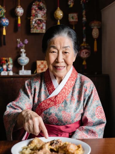 화사한 전통 한복을 입은 따뜻한 미소의 노인이 아늑한 카페에 앉아 전통 음식을 가리키며 고마운 마음을 전하고 있습니다. 카페는 전통 소품으로 장식되어 있어 축제 분위기를 한층 더합니다.
