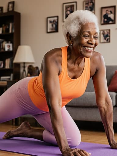 따뜻한 거실에서 요가 매트 위에서 스트레칭을 하고 있는 80대의 흑인 여성이 밝고 편안한 요가복을 입고 있습니다. 자연스러운 미소로 기쁜 감정을 표현하며, 벽에 걸린 가족 사진들이 아늑한 분위기를 더하고 있습니다.