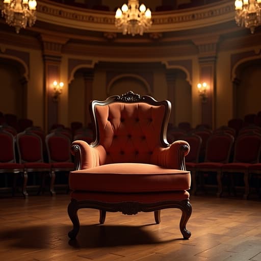 클래식 오케스트라 홀에 있는 우아한 인테리어 의자, 따뜻하고 초대하는 분위기.