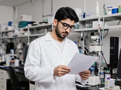 중동계 젊은 남성이 실험실 가운과 안경을 착용한 반신 촬영으로, 자연스러운 외모를 가지고 있습니다. 그는 분석실에 서서 서류를 가볍게 들고 긴장한 표정을 지으며 약간의 걱정이 엿보입니다. 배경에는 다양한 실험 장비와 컴퓨터가 배치되어 있어 주제의 진지한 역할을 강조하는 진정한 분위기를 만들어냅니다.