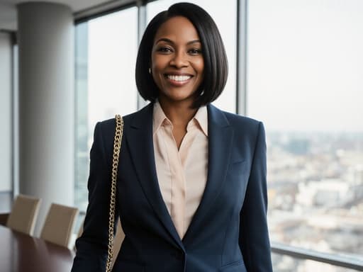 40대 아프리카계 여성이 세련된 정장과 편안한 블라우스를 입고 현대적인 디자인의 회의실에서 가방을 어깨에 메고 밝게 미소를 지으며 서 있습니다. 큰 창문으로 들어오는 자연광이 현대적인 분위기를 강조하며, 그녀의 전문성과 따뜻함을 부각시킵니다.
