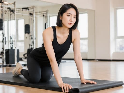 10대 후반의 한국인 여성의 반신 사진으로, 민소매 필라테스 탑과 레깅스를 착용하고 자신감 있는 표정으로 필라테스 매트 위에 편안하게 앉아 있습니다. 배경에는 다양한 필라테스 기구가 배치된 밝고 넓은 필라테스 스튜디오가 있어 피트니스와 웰빙의 활기찬 분위기를 만들어냅니다.
