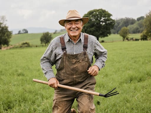 이 이미지는 60대의 동양인 남성이 농부 모자, 체크무늬 셔츠, 작업 바지를 입고 농장 도구를 들고 행복하게 점프하는 모습을 보여줍니다. 평온한 미소를 지으며 푸른 초원과 나무들로 둘러싸인 아름다운 농촌 풍경을 배경으로 행복과 활력을 발산하고 있습니다.