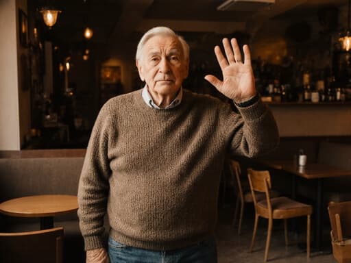70대 유럽계 남성이 아늑한 카페에서 편안한 니트와 청바지를 입고 있는 반신 샷입니다. 그는 손을 흔들며 인사하는 자세를 취하고 있으며, 걱정스러운 표정을 지으며 테이블과 의자로 꾸며진 아늑한 카페 환경에 둘러싸여 있습니다.