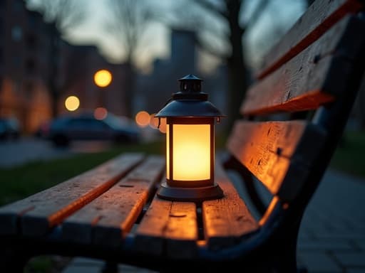 도시의 공원 벤치에 있는 부드럽게 빛나는 무드등, 따뜻한 저녁빛, 미세한 그림자, 나무와 금속의 사실적인 질감, 자연스러운 분위기, 흐릿한 도시 풍경 배경, 따뜻하고 아늑하며 초대하는 느낌