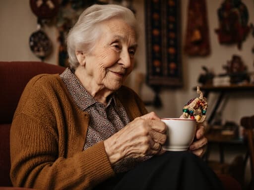 80대 백인 여성의 반신 사진으로, 자연스러운 외모를 가지고 있습니다. 그녀는 전통적인 패턴의 블라우스와 따뜻한 색상의 스웨터를 착용하고 있으며, 클래식하면서도 아늑한 스타일을 보여줍니다. 그녀의 표정은 지혜로우며, 삶의 경험이 묻어나는 부드러운 미소를 지니고 있습니다. 편안하게 앉아 커피를 마시며 수공예 작품을 다루고 있는 모습은 창의적인 순간을 보여줍니다. 배경은 다양한 전통 공예 작품으로 장식된 아늑한 거실을 특징으로 하여 따뜻하고 초대하는 분위기를 연출합니다.