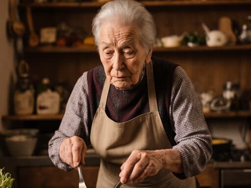 80대 백인 여성의 반신 촬영으로, 전통 에이프런을 입고 요리 도구를 들고 있으며, 전통 음식을 만들기 위해 몸을 앞으로 숙이고 약간 불편한 표정을 지으며 아늑한 카페 주방에서 재료들로 가득한 모습입니다.