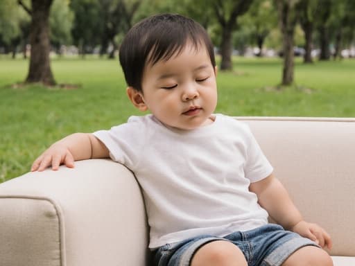 아름다운 공원에서 소파에 앉아 편안한 티셔츠와 반바지를 입은 귀엽고 순수한 외모의 1세 아시아계 남성이 졸린 표정으로 눈을 살짝 감고 있는 반신 사진입니다. 그는 한쪽 팔을 소파에 기대고 있으며, 푸른 잔디와 나무들이 배경을 이루어 편안함과 순수함을 전하고 있습니다.
