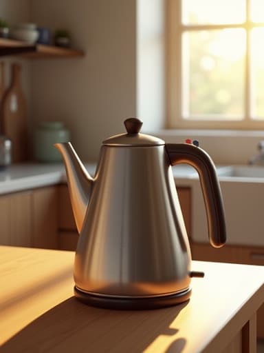 주방 창문을 통해 따스한 햇살을 받으며 나무 조리대 위에 있는 주전자, 아늑한 분위기.