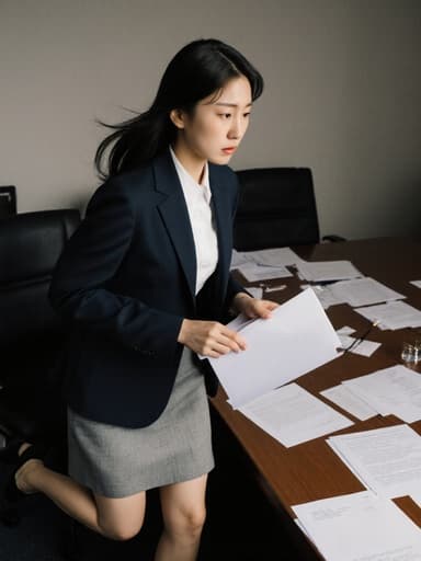 10대 후반의 한국인 여성이 프로페셔널한 정장 차림으로 법률 문서를 들고 절박한 상황을 처리하려는 듯한 슬픈 표정을 지으며 사무실에서 촬영된 반신 사진입니다.