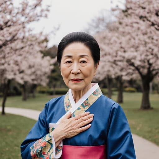 70세 한국 여성이 전통 한복을 입고 평화로운 공원에 서 있습니다. 그녀의 표정은 고독함을 드러내며 한 손은 가슴에 살짝 대고 다른 손은 옆에 두고 있습니다. 자연의 아름다움 속에서 그녀의 고독한 감정이 잘 드러납니다.
