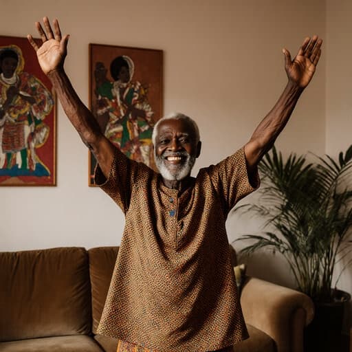 전통 의상을 입고 편안하게 스트레칭하는 80세 아프리카 남성의 따뜻하고 아늑한 이미지로, 문화 예술과 식물로 가득한 거실에서 평화롭고 즐거운 분위기를 발산하고 있습니다.