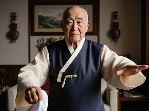 이 이미지는 80대 백인 남성이 전통적인 한복을 입고 춤을 추고 있는 모습입니다. 왼손에는 손수건을 들고 오른손은 허리에 얹고 있으며, 피곤한 표정이 감돌고 있습니다. 아늑한 거실 배경에 한국 전통 장식이 더해져 따뜻하고 초대하는 분위기를 자아냅니다.