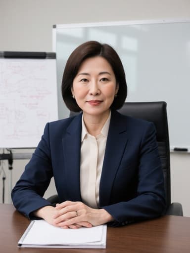 40대 한국인 여성은 세련된 비즈니스 정장을 입고 현대적인 회의 테이블에 앉아 있습니다. 그녀는 평온한 표정을 지으며 손을 테이블에 올리고 집중하는 자세를 취하고 있습니다. 배경은 화이트 보드와 도화지가 있는 현대적인 회의실로 전문적인 분위기를 자아내며 그녀의 자신감 있는 존재감을 강조합니다.