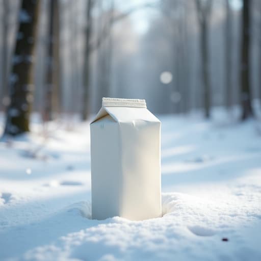 눈 덮인 숲 바닥에 놓인 우유, 배경에 부드러운 눈 내림이 있어 평화롭고 고요한 겨울 분위기를 연출합니다.