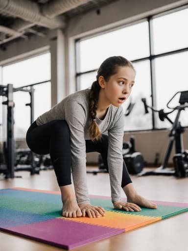 10대 초반의 유럽계 소녀가 편안한 요가복을 입고 요가 매트 위에서 특정 자세를 취하며 촬영된 반신 사진입니다. 그녀의 표정은 집중하면서도 약간 당황한 모습을 보여주며, 현대적인 피트니스 센터의 자연광과 운동 기구들이 배경을 이루고 있습니다.