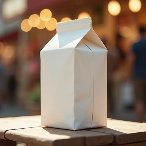 야시장 거리에 있는 우유 팩, 분주한 분위기와 따뜻한 조명.