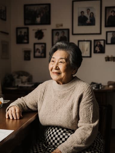 70대 한국인 여성이 자연스러운 외모로 따뜻하게 미소 지으며 테이블에 앉아 가족을 바라보며 손을 부드럽게 올려놓은 반신 사진을 담고 있습니다. 그녀는 편안한 니트 스웨터와 체크무늬 스커트를 착용하고 있으며, 아늑한 거실 배경에는 가족 사진과 매력적인 장식들이 있어 사랑과 연결의 따뜻한 분위기를 자아냅니다.