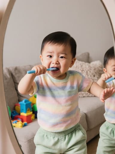사랑스럽고 귀여운 외모의 1세 남자 아기 동양인이 반신 촬영된 모습입니다. 그는 부드러운 파스텔 색상의 아기용 티셔츠와 바지를 입고 있으며, 약간 무서워하는 듯한 귀여운 표정을 짓고 있습니다. 아기는 거울 앞에서 이 닦으면서 스트레칭하는 동작을 하고 있습니다. 배경은 장난감과 쿠션이 놓인 아늑한 거실로 따뜻하고 초대하는 분위기를 연출합니다.
