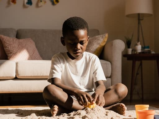 밝고 아늑한 거실에 앉아 있는 귀여운 7세 아프리카계 남성의 반신 사진입니다. 그는 편안한 티셔츠와 반바지를 입고 있으며, 지루한 표정을 지으며 모래 장난감을 들고 크로스 레그로 앉아 있습니다. 이 장면은 따뜻한 가정 환경에서 놀이 시간을 포착하여 그의 귀여운 외모와 편안한 자세를 강조합니다.