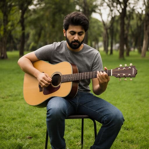 푸른 잔디와 나무로 둘러싸인 평화로운 공원에서 의자에 앉아 기타를 치고 있는 20대 중동계 남성의 반신 사진. 그는 음악에 깊이 몰두하며 열정적인 표정을 짓고 있다.