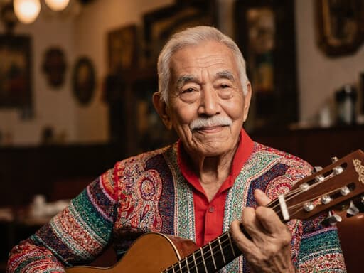 70대 라틴 남성이 전통 의상을 입고 악기를 들고 고마워하는 표정을 지으며 아늑한 카페에서 촬영된 반신 사진, 배경에는 부드러운 전통 음악이 흐르고 있습니다.