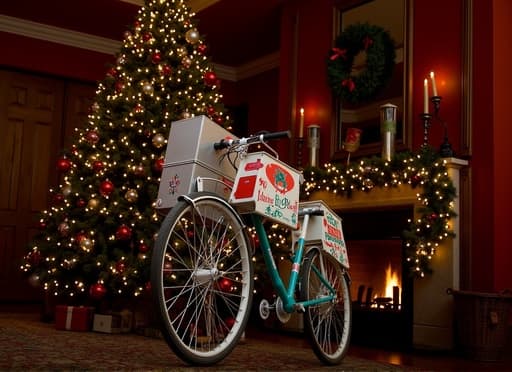 아늑한 거실에 우뚝 서 있는 아름답게 장식된 크리스마스 트리가 다채로운 장식품과 반짝이는 불빛으로 장식되어 따뜻하고 축제 분위기를 자아내며, 배경에는 빛나는 벽난로가 있습니다.