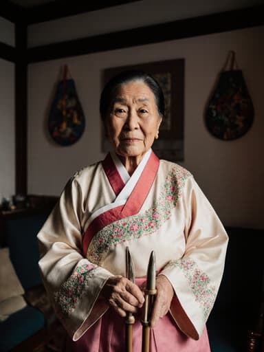 섬세한 자수가 돋보이는 전통 한복을 입은 80세 아시아계 여성의 전신 사진. 아늑한 거실에서 전통 공예 작품들을 배경으로 자부심 있게 서 있으며, 전통 공예 도구를 손에 들고 지혜와 문화유산을 나타내고 있습니다.