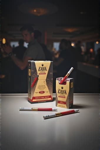 세련된 담배 상자가 다듬어진 나무 바 카운터 위에 잘 보이도록 놓여 있으며, 따뜻한 조명에 비춰집니다. 프리미엄 품질과 다양한 맛을 보여주는 상자의 세련된 디자인이 주목을 끌고 있습니다. 배경에는 저녁 시간을 즐기는 손님들의 흐릿한 실루엣이 있어 이 세팅의 세련되고 편안한 분위기를 더합니다.