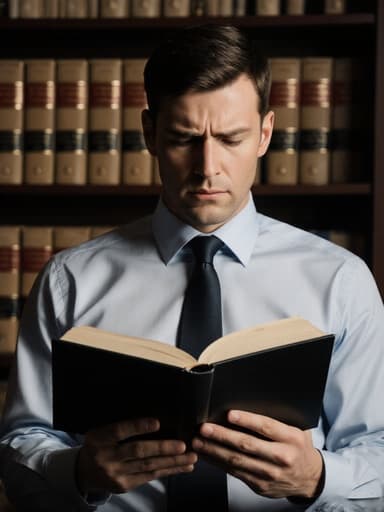 30대의 진지한 유럽계 남성이 정장을 입고 법률 서적을 들고 절망한 표정을 짓고 있는 반신 촬영. 전문적인 상담실에서 법률 관련 자료로 가득 찬 책장이 배경을 이룹니다.