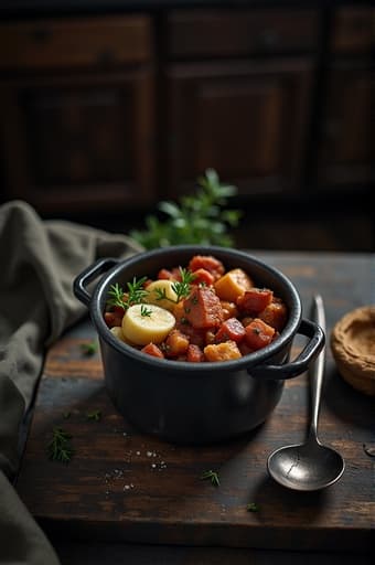 맛있는 음식이 가득 담긴 조리용 냄비가 오래된 나무 조리대 위에 놓여 있습니다. 냄비 옆에는 빛을 반사하는 반짝이는 숟가락이 있습니다. 배경은 나무 캐비닛과 신선한 허브가 있는 따뜻하고 아늑한 주방으로, 요리하고 싶은 마음이 드는 초대하는 분위기를 연출합니다.