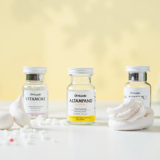 신선한 과일과 채소로 둘러싸인 비타민의 병과 바이알이 있는 밝은 주방 조리대. 자연광으로 잘 조명이 되어 건강하고 생기 넘치는 분위기를 자아냅니다.