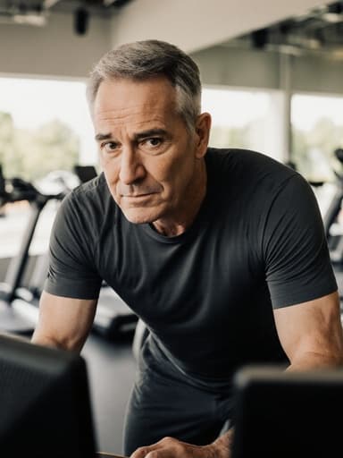 40대 백인 남성이 편안한 운동복을 입고 컴퓨터에 약간 몸을 앞으로 숙인 채 당황한 표정을 짓고 있는 모습이 반신 촬영으로 담겨 있습니다. 헬스장 내부의 운동기구가 있는 배경과 함께 밝고 신선한 분위기가 연출되어 있습니다. 이 이미지는 현대적인 피트니스 환경을 전달하며, 기술과 신체 활동의 교차점을 강조합니다.